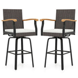 Set of 2 Outdoor 360¬∞ Swivel Bar Stool with Cushion and Acacia Wood Armrests