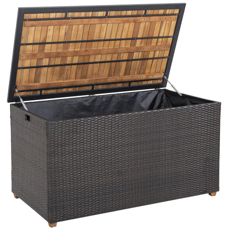 Caja de almacenamiento de ratán de 134 galones con forro con cremallera y tapa de madera maciza de acacia
