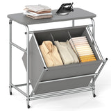 3-Section Laundry Sorter with Foldable Ironing Board and Lockable Wheels-Gray