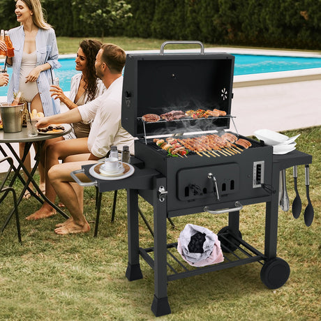 Parrilla de carbón tipo barril de 24 pulgadas con 2 mesas laterales plegables y 3509 cm² de área de cocción