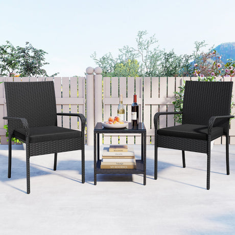 Juego de muebles de patio de 3 piezas con cojines de asiento y mesa con cubierta de vidrio templado