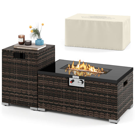 Juego de 2 piezas de mesa de fuego de ratán para exterior, fogón de gas rectangular de 32 pulgadas con cubierta para el tanque
