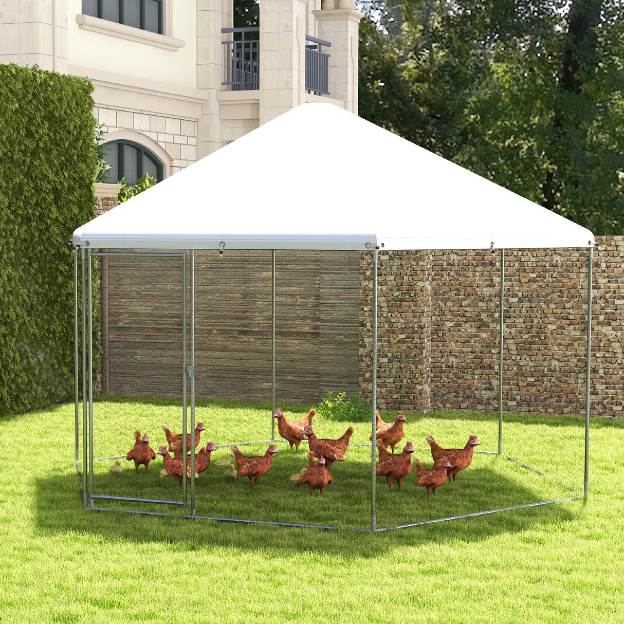 Gallinero hexagonal grande de metal de 13 pies con malla de alambre y puerta con cerradura
