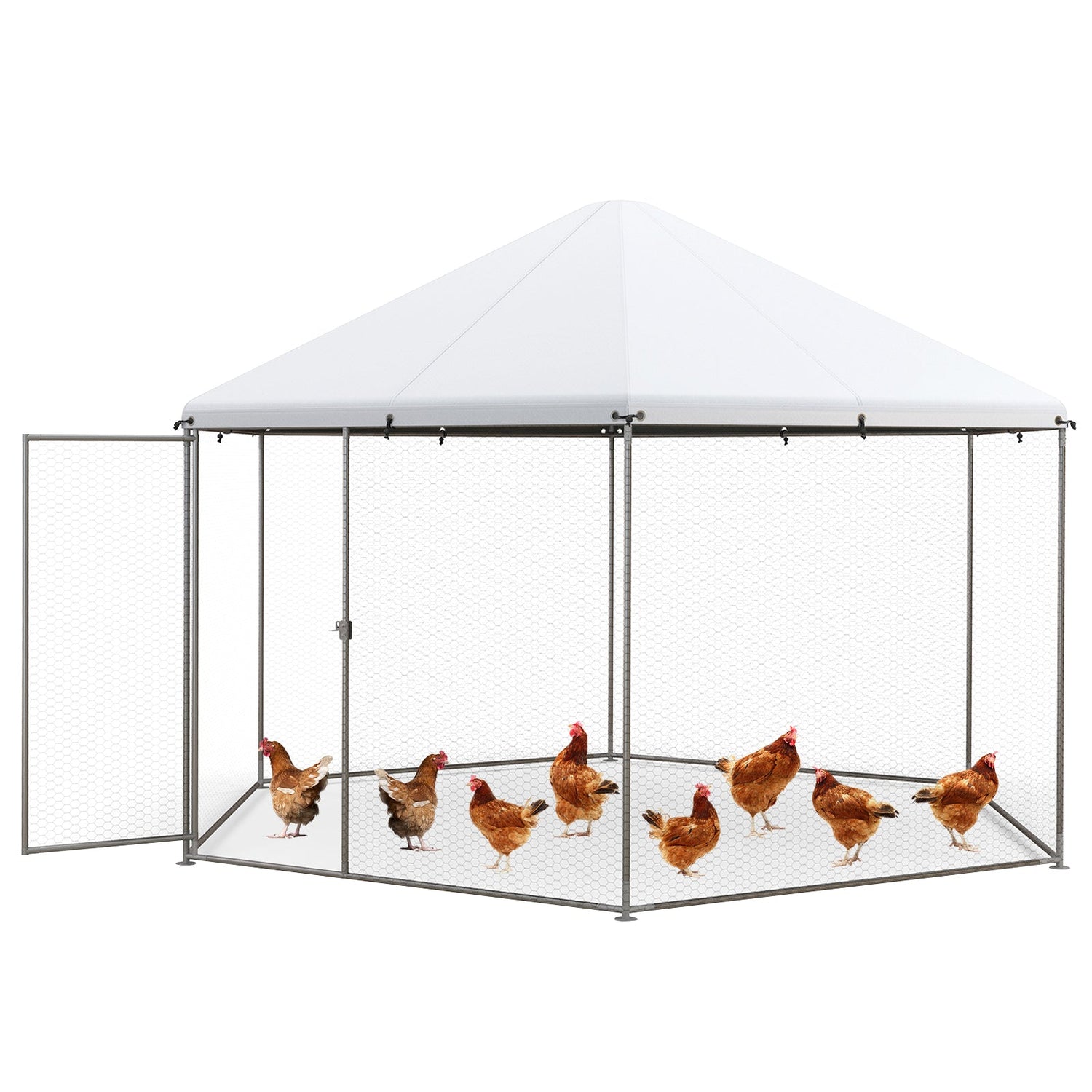 Gallinero hexagonal grande de metal de 13 pies con malla de alambre y puerta con cerradura