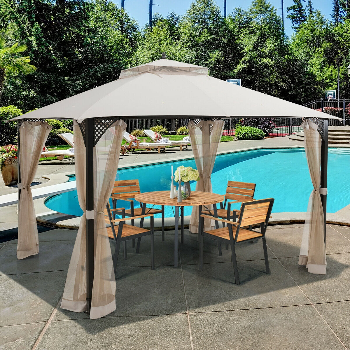 Cenador de patio con doble techo y mosquitero de 12 x 10 pies para exteriores - Marrón