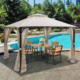Cenador de patio con doble techo y mosquitero de 12 x 10 pies para exteriores - Marrón