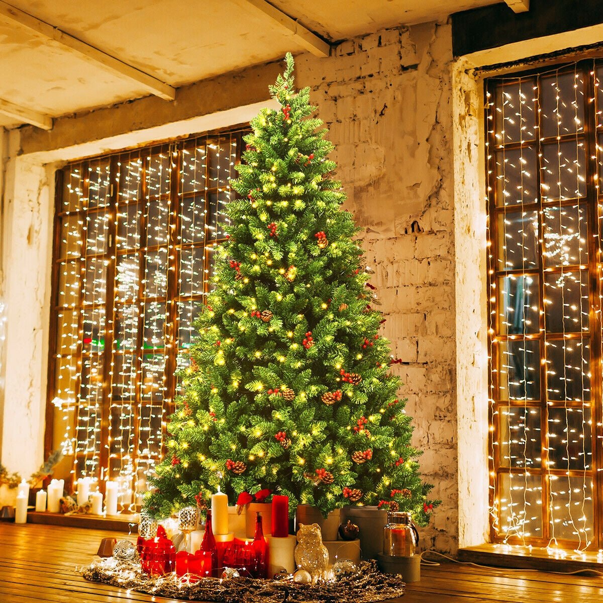 Árbol de Navidad Preiluminado con Bisagras de 2,29 m con 550 Luces LED y Soporte de Metal Robusto