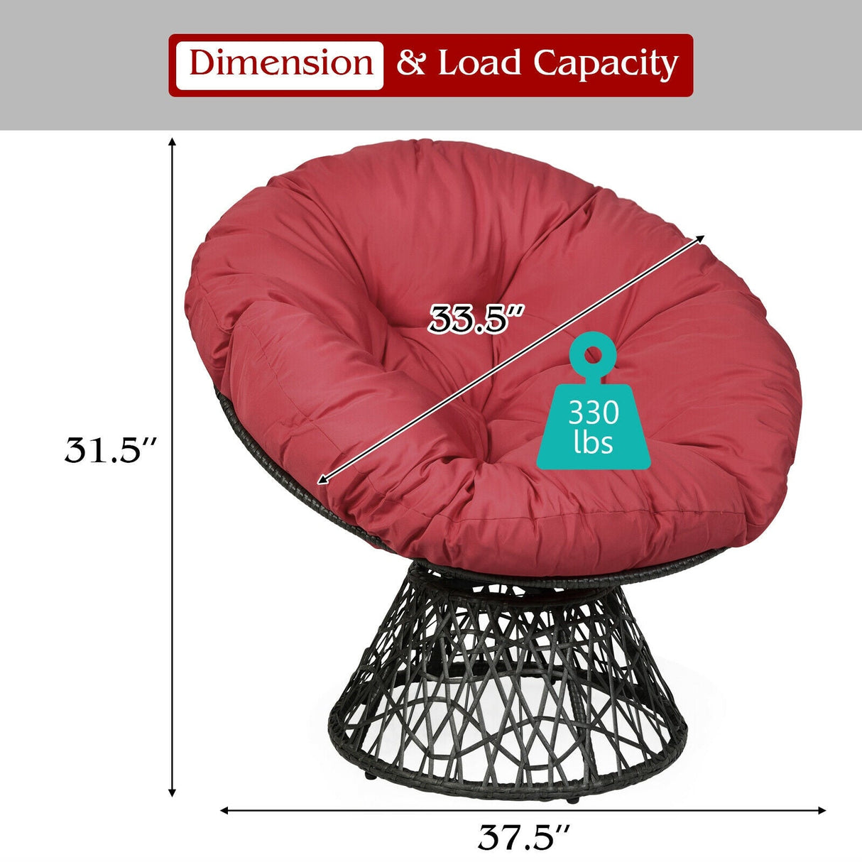 Sillón Papasan de Ratán Ergonómico Giratorio 360 Grados Cojín Suave para Jardín