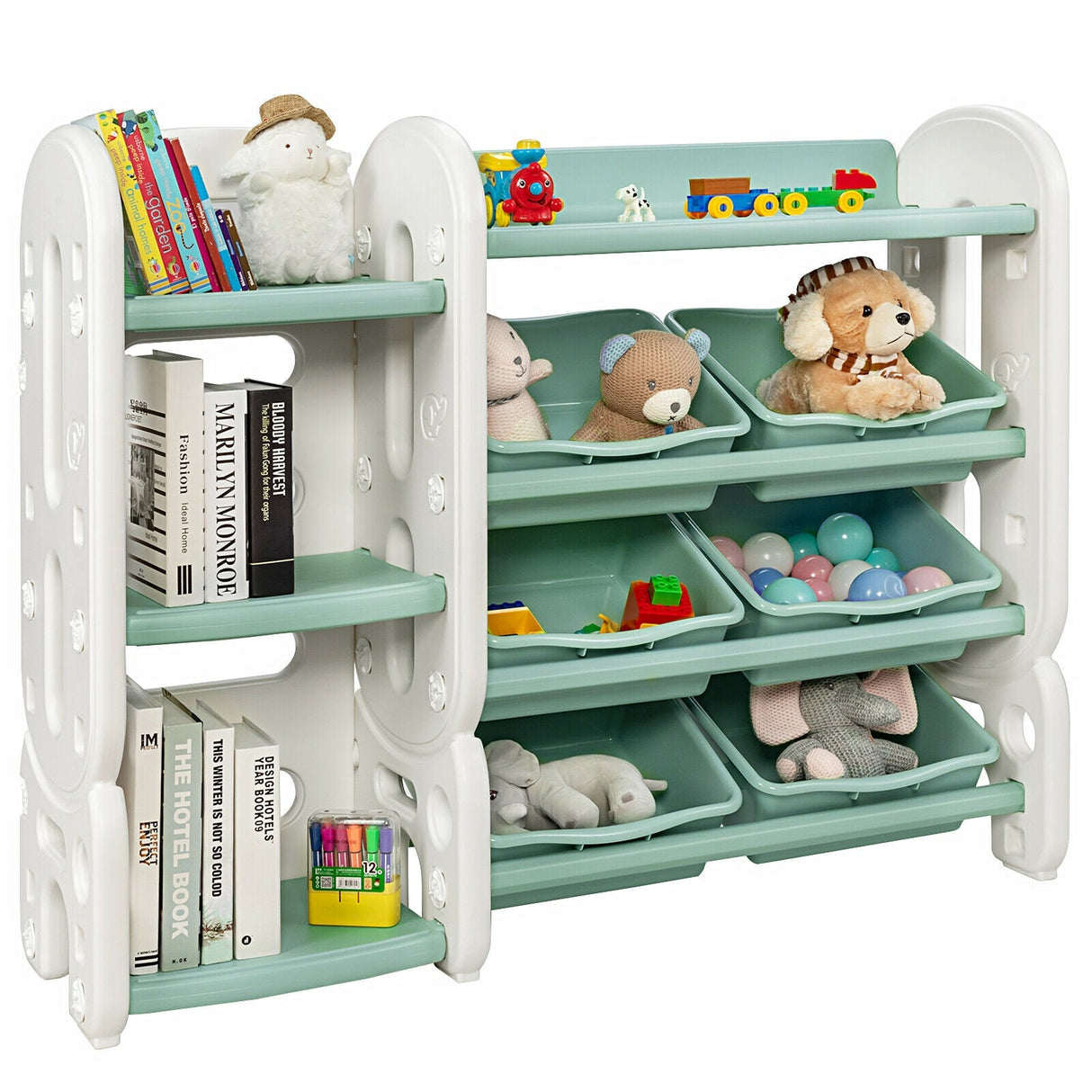 Organizador de almacenamiento de juguetes para niños con cubos y estante multicapa para dormitorio o sala de juegos