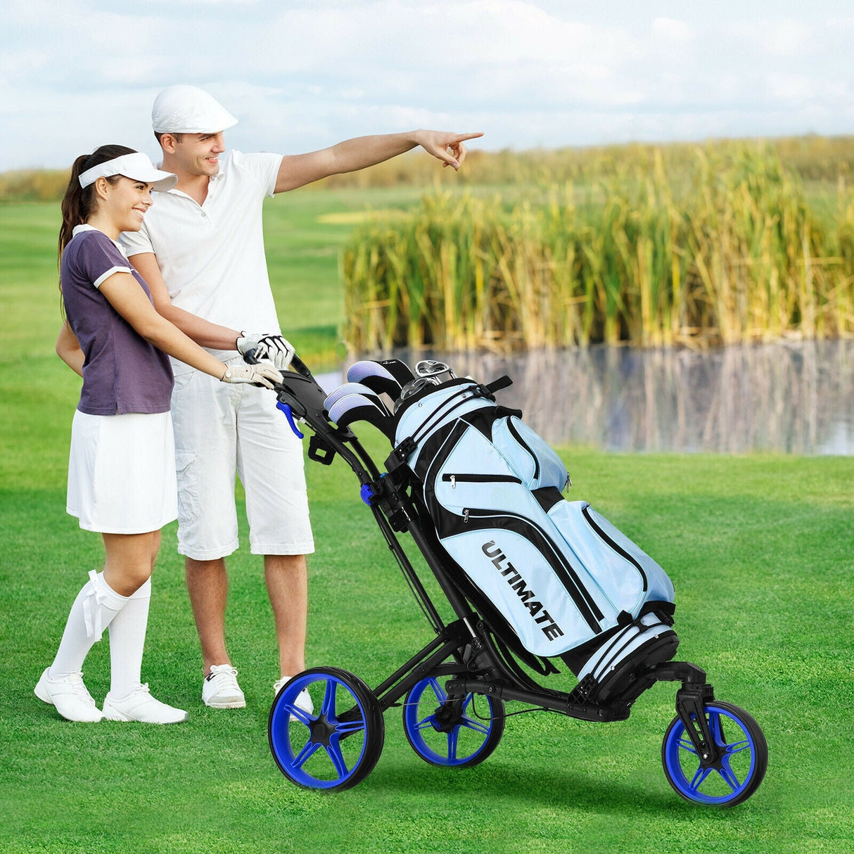 Carro de golf plegable con marcador, mango ajustable y rueda giratoria