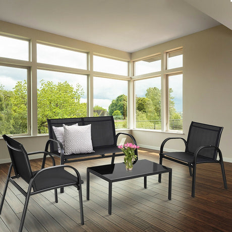 Juego de Muebles de Patio de 4 Piezas con Mesa de Centro con Cubierta de Vidrio