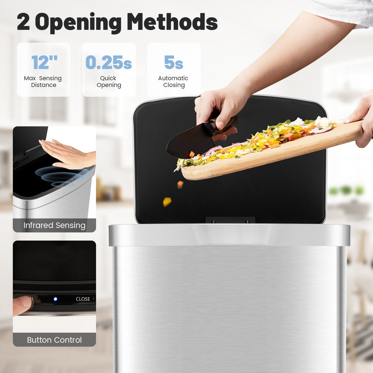 Cubo de basura automático de 13 galones con sensor de movimiento infrarrojo rectangular-Plateado