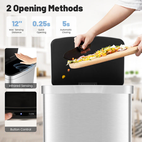 Cubo de basura automático de 13 galones con sensor de movimiento infrarrojo rectangular-Plateado