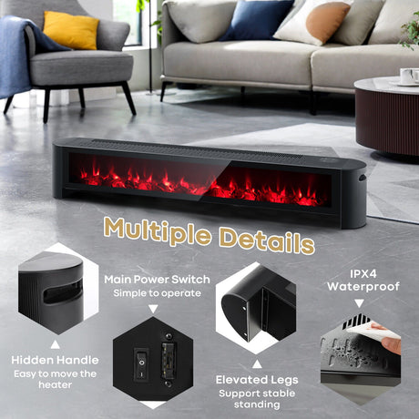 Calentador de zócalo eléctrico de 1400 W con llama multicolor realista - Negro