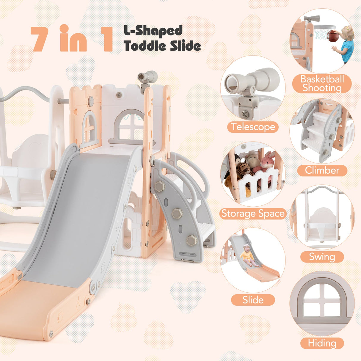 Columpio y tobogán para niños pequeños 7 en 1, en forma de L, con escalera y canasta de baloncesto