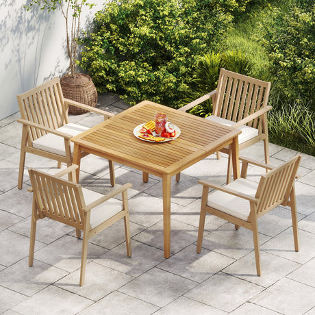 2 Sillas de comedor de patio Sillas de exterior de madera de acacia con cojín acolchado extraíble