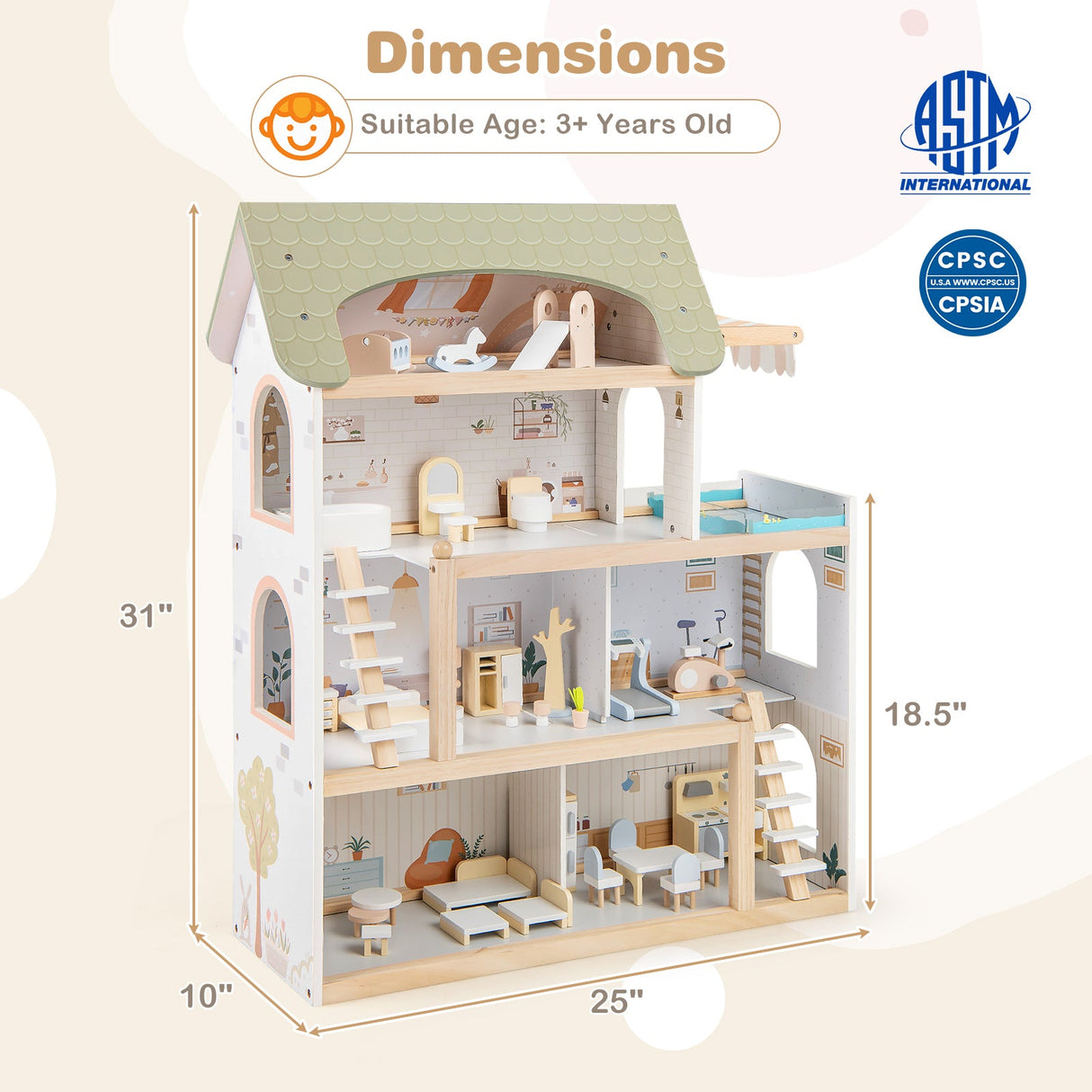Casa de muñecas de madera para niños, casa de juegos de simulación con 33 accesorios de muebles - Verde