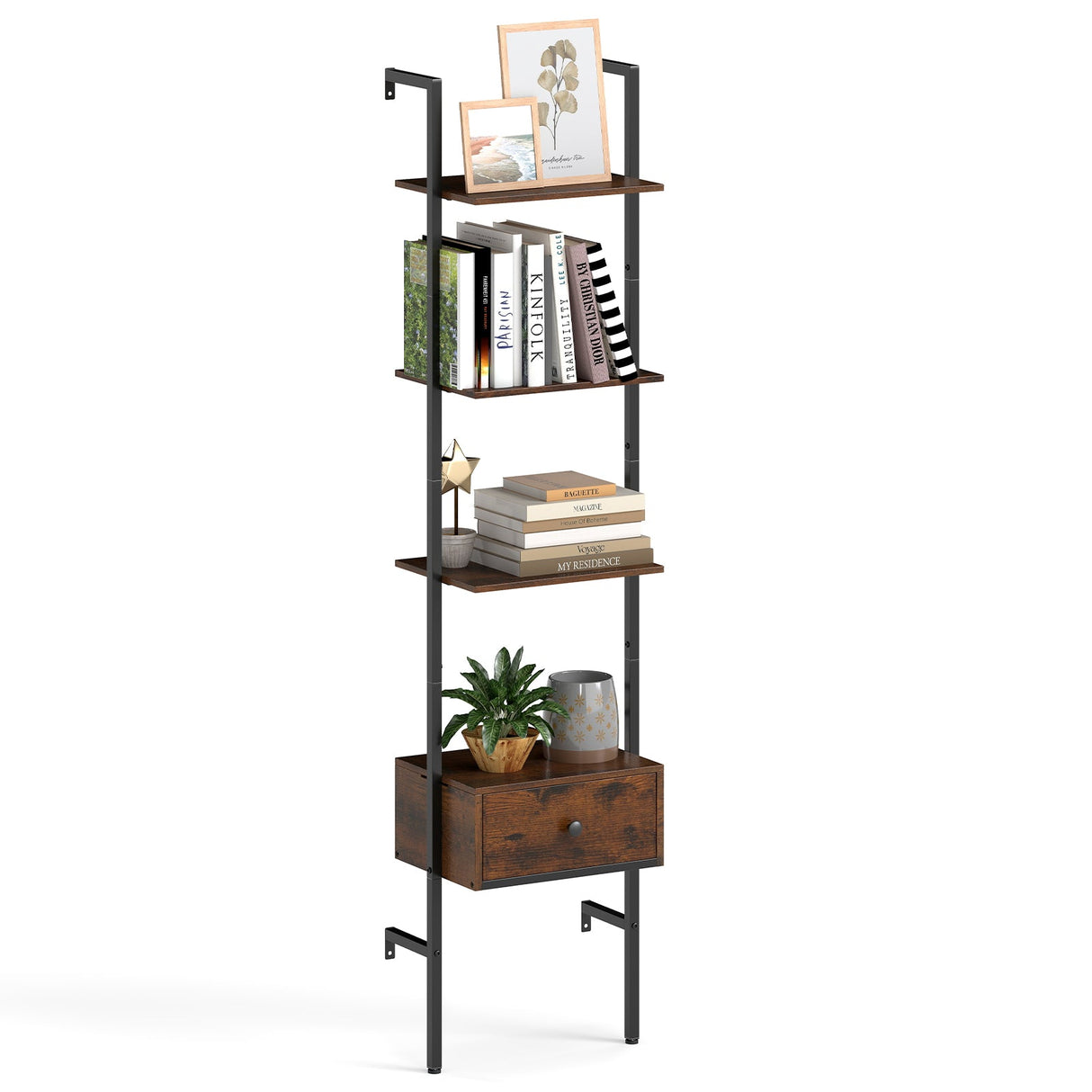Estantería escalera de 5 niveles con cajón y estructura metálica para estudio y oficina en casa - Marrón rústico