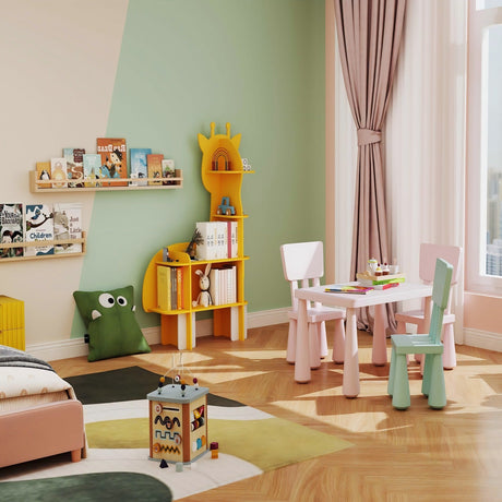 Juego de muebles infantiles 2 en 1: estructura de cama individual y juego de mesa de actividades de 3 piezas y sillas