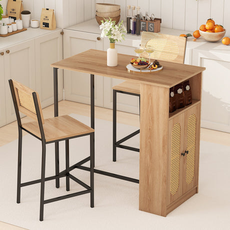Juego de mesa y 2 sillas de bar de 3 piezas con estantes de almacenamiento y reposapiés-Natural