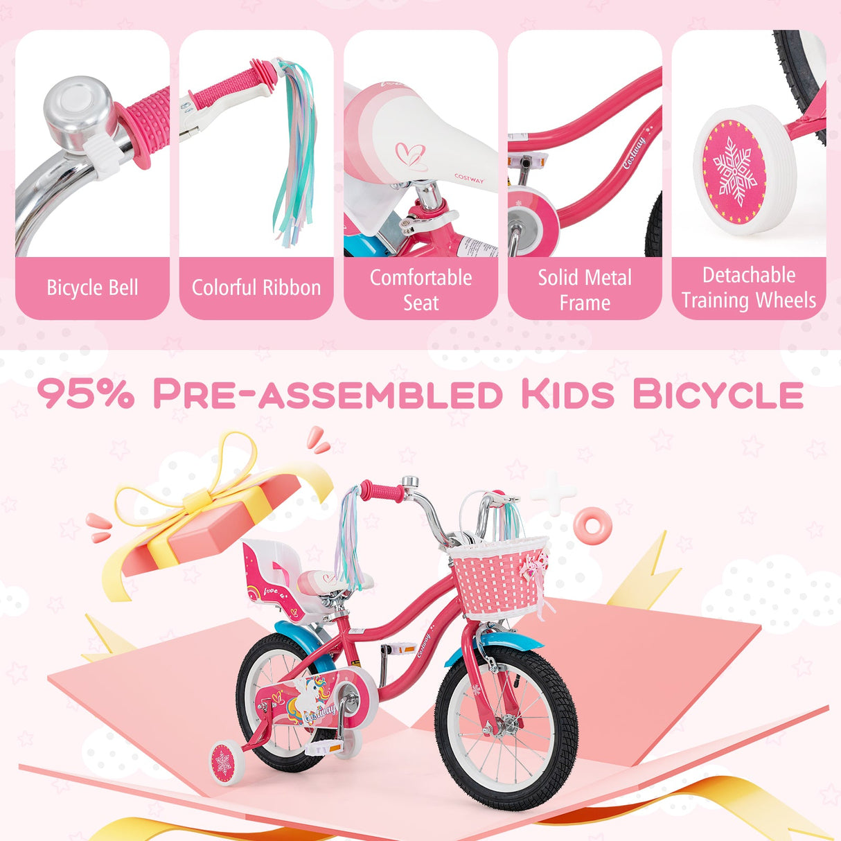 Bicicleta de 16 pulgadas para niñas de 4 a 7 años con asiento para muñecas y ruedas de entrenamiento