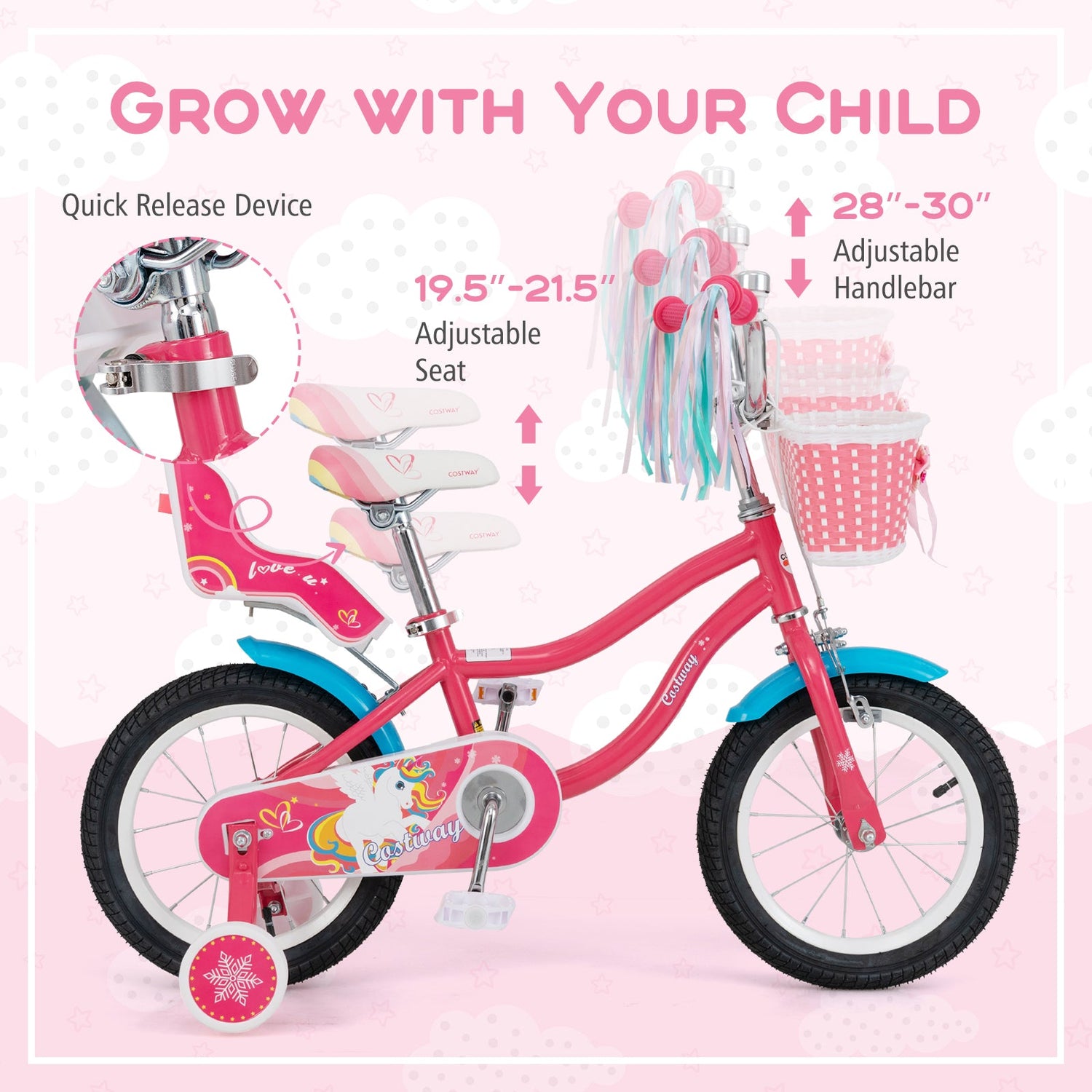 Bicicleta de 16 pulgadas para niñas de 4 a 7 años con asiento para muñecas y ruedas de entrenamiento