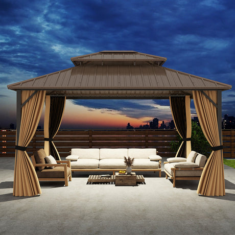 Cenador pérgola exterior de techo rígido de 14 x 12 pies para patio, jardín, terraza, césped, tienda de campaña para fiestas - Café