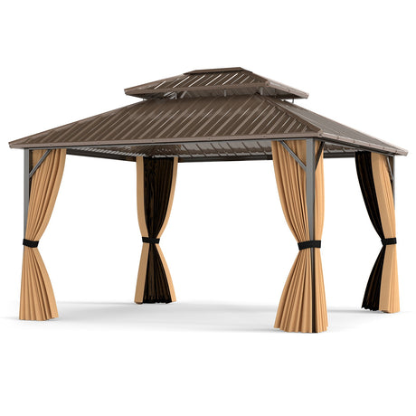 Cenador pérgola exterior de techo rígido de 14 x 12 pies para patio, jardín, terraza, césped, tienda de campaña para fiestas - Café