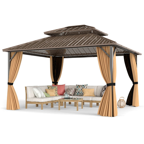 Cenador pérgola exterior de techo rígido de 14 x 12 pies para patio, jardín, terraza, césped, tienda de campaña para fiestas - Café