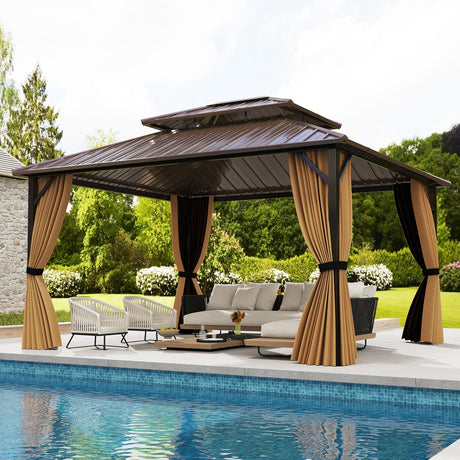 Cenador pérgola exterior de techo rígido de 14 x 12 pies para patio, jardín, terraza, césped, tienda de campaña para fiestas - Café
