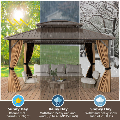Cenador pérgola exterior de techo rígido de 14 x 12 pies para patio, jardín, terraza, césped, tienda de campaña para fiestas - Café