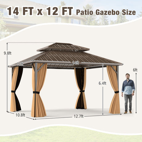 Cenador pérgola exterior de techo rígido de 14 x 12 pies para patio, jardín, terraza, césped, tienda de campaña para fiestas - Café