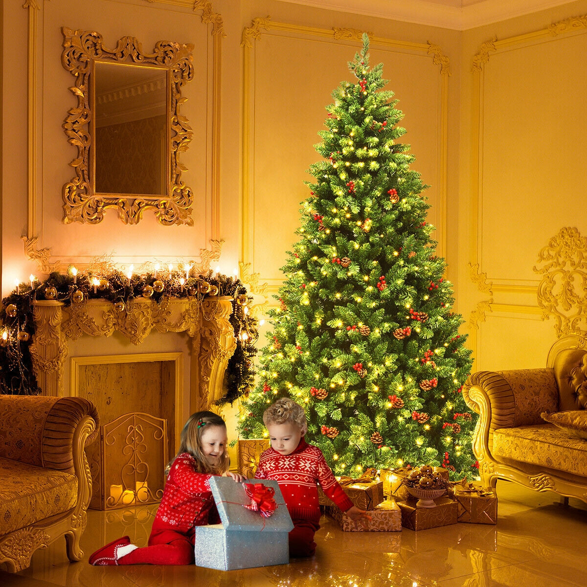 Árbol de Navidad Preiluminado con Bisagras de 2,29 m con 550 Luces LED y Soporte de Metal Robusto