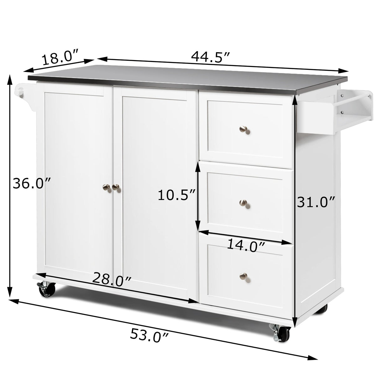 Isla de cocina con gabinete de almacenamiento de 2 puertas, cajones y encimera de acero inoxidable