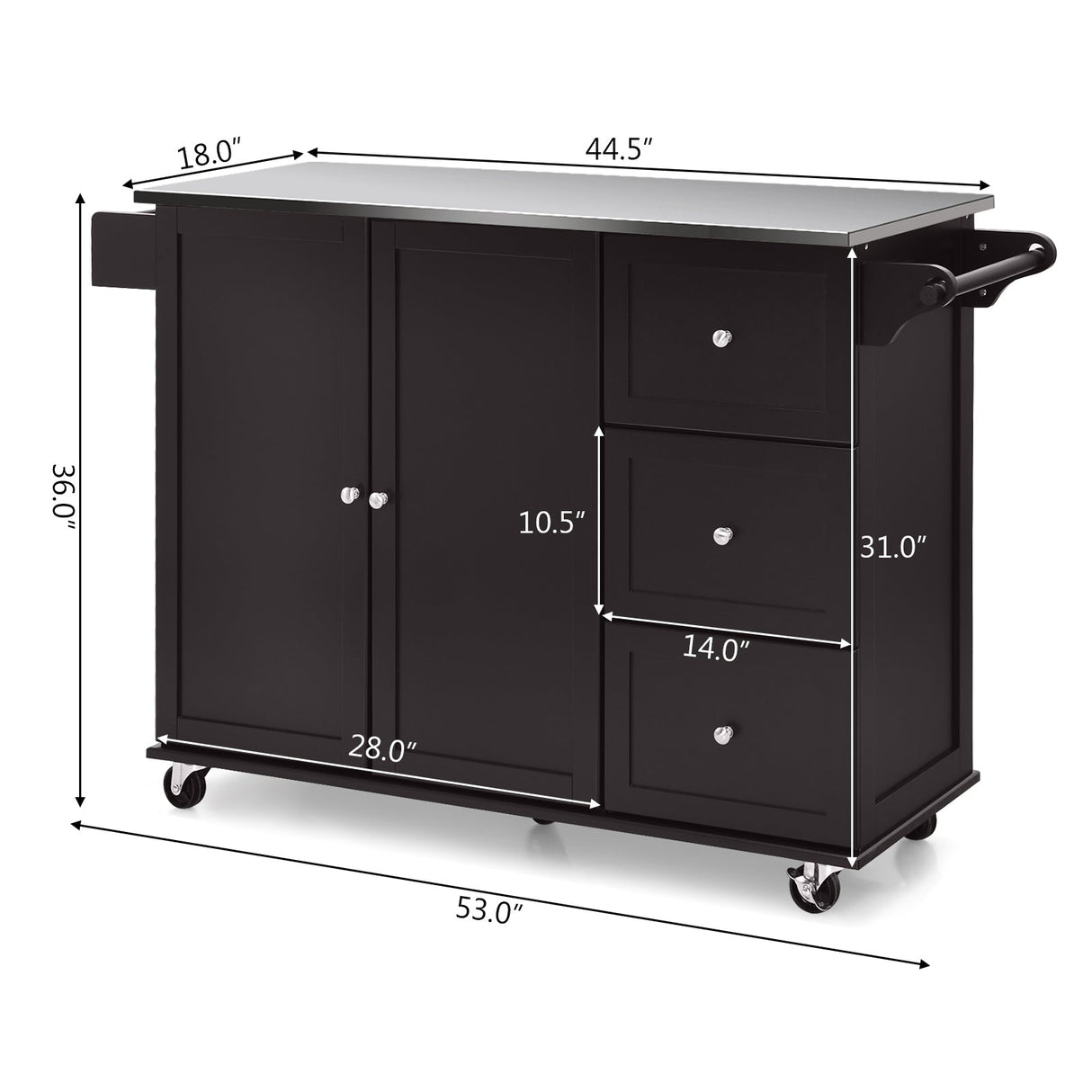 Isla de cocina con gabinete de almacenamiento de 2 puertas, cajones y encimera de acero inoxidable