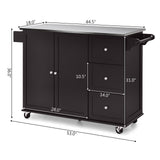 Isla de cocina con gabinete de almacenamiento de 2 puertas, cajones y encimera de acero inoxidable