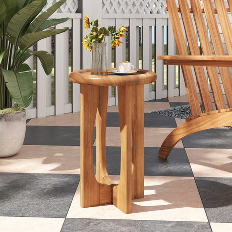 Mesa auxiliar rústica de 14 pulgadas con tapa de bandeja redonda y patas de madera cruzadas