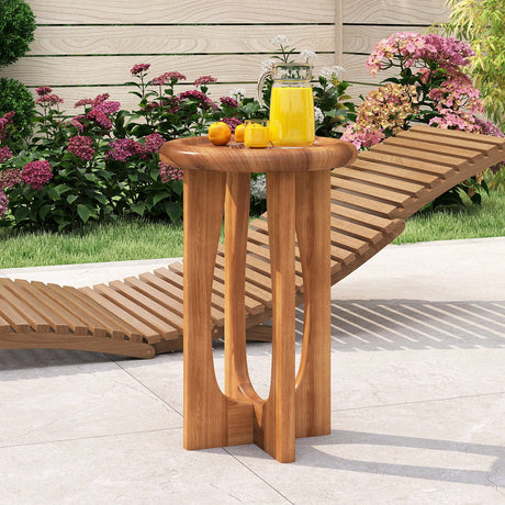 Mesa auxiliar rústica de 14 pulgadas con tapa de bandeja redonda y patas de madera cruzadas
