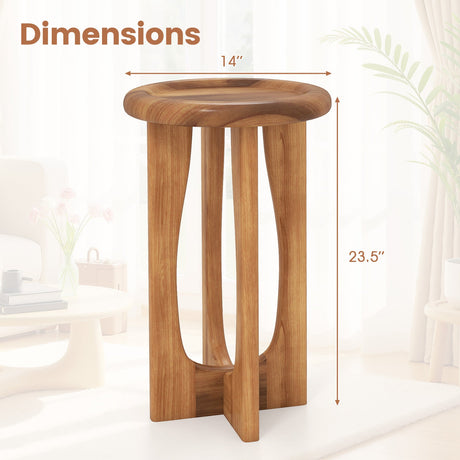 Mesa auxiliar rústica de 14 pulgadas con tapa de bandeja redonda y patas de madera cruzadas