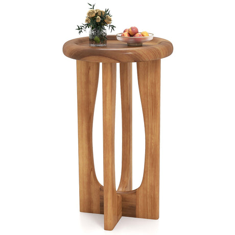 Mesa auxiliar rústica de 14 pulgadas con tapa de bandeja redonda y patas de madera cruzadas