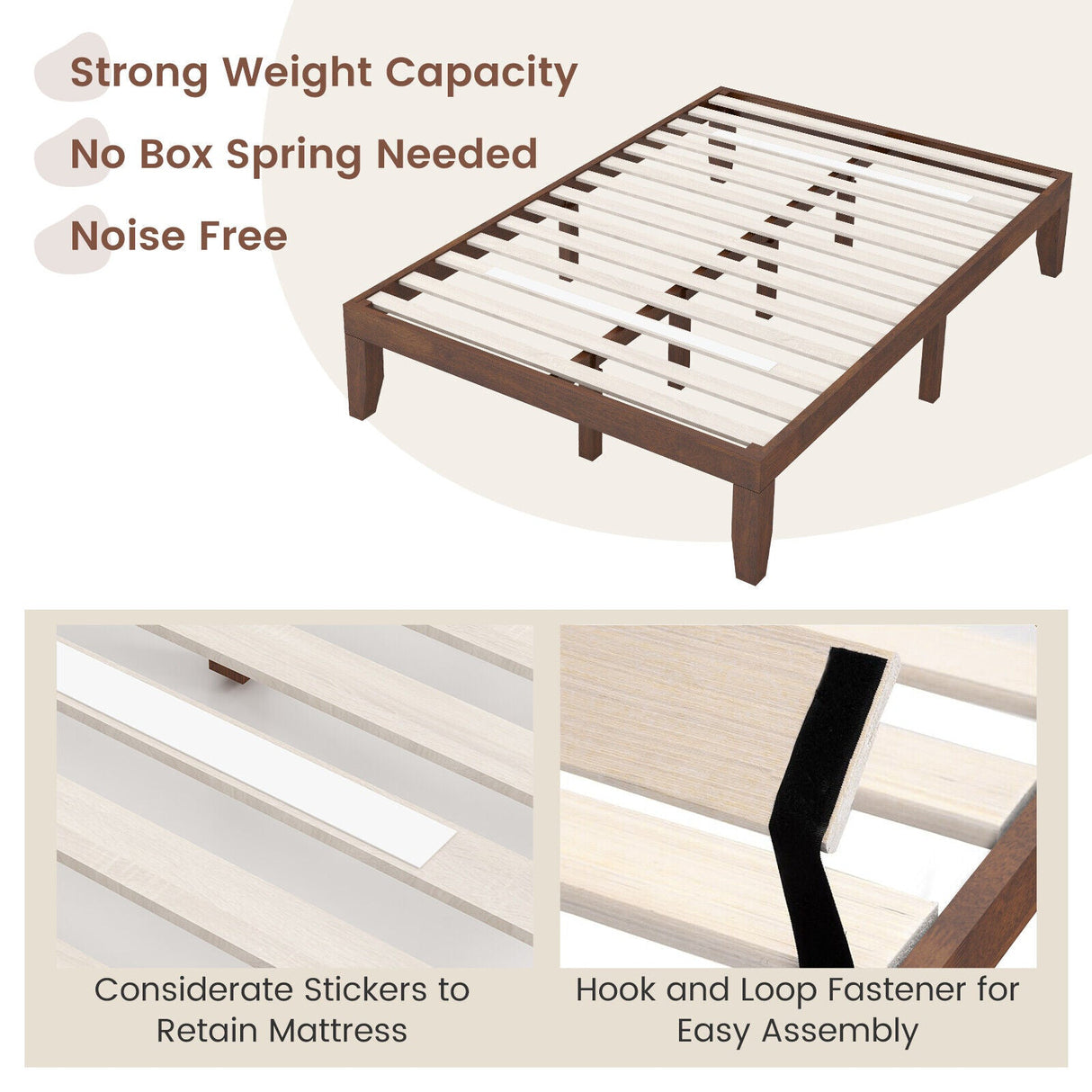 Base de cama de plataforma de madera de tamaño completo de 14 pulgadas con soporte de listones de madera