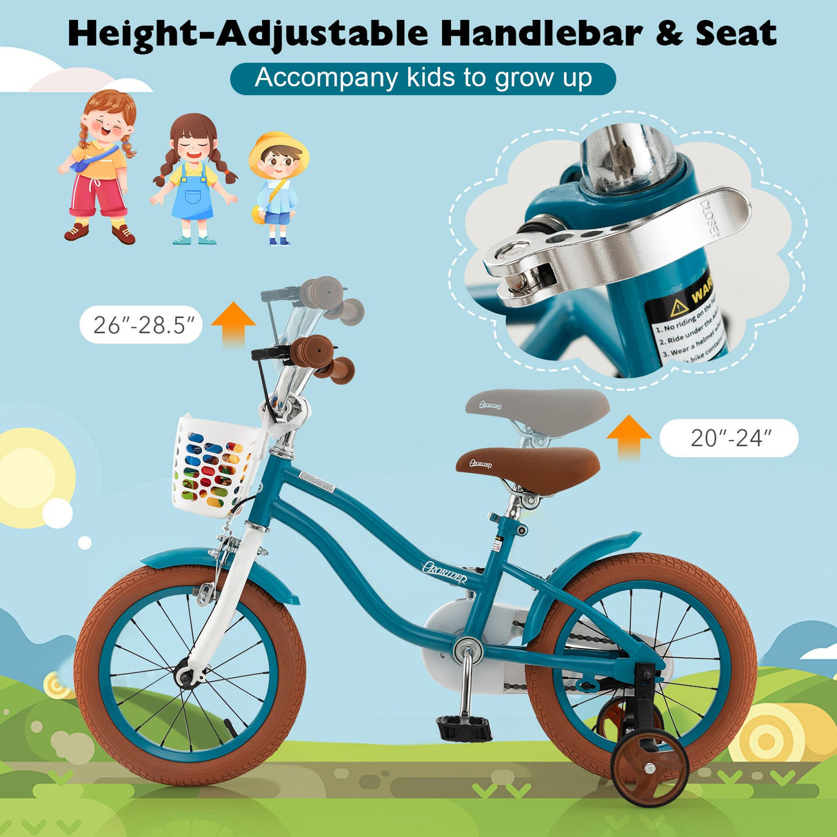 Bicicleta Infantil de 14 Pulgadas con Ruedas de Entrenamiento Desmontables y Cesta - Azul