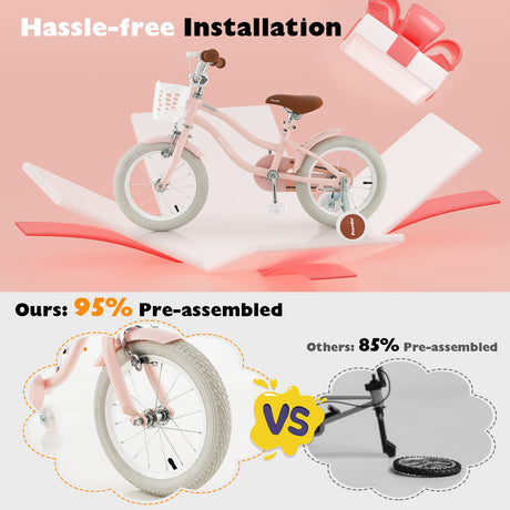 Bicicleta para niños de 14 pulgadas con ruedas de entrenamiento extraíbles y cesta - Rosa