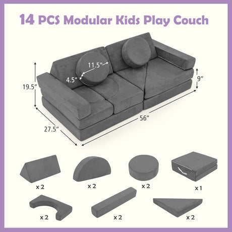 Sofá de juegos modular de 14 piezas para cuarto de juegos y dormitorio