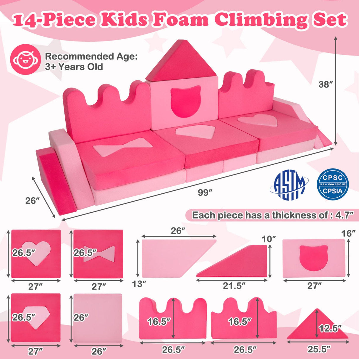 Bloques de espuma de 14 piezas para escalar, sofá modular para niños de 3+ años - Rosa