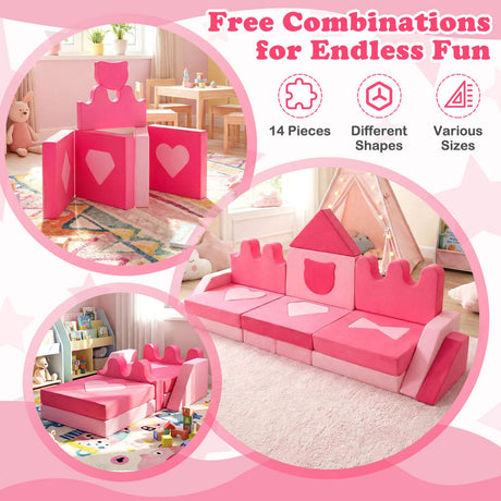 Bloques de espuma de 14 piezas para escalar, sofá modular para niños de 3+ años - Rosa