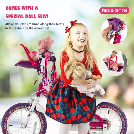 Bicicleta infantil de 16 pulgadas con asiento para muñeca y ruedas de entrenamiento extraíbles - 16 pulgadas