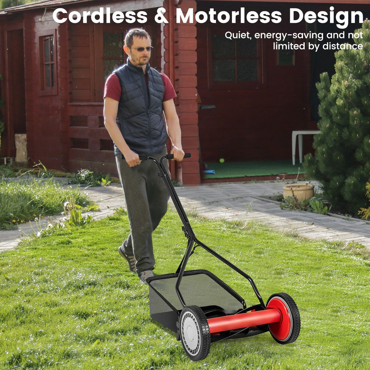 Cortacésped de empuje de 14 pulgadas con 5 cuchillas de acero y bolsa recolectora de césped