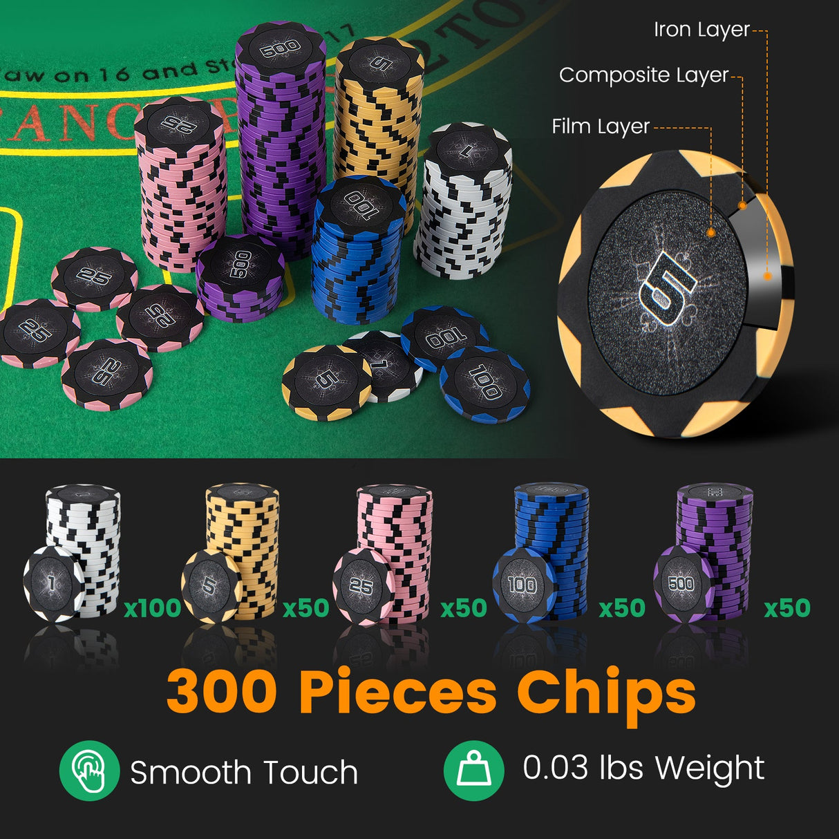 Fichas de póker de 14 gramos, 300 piezas, juego de fichas de póker para casino, color negro