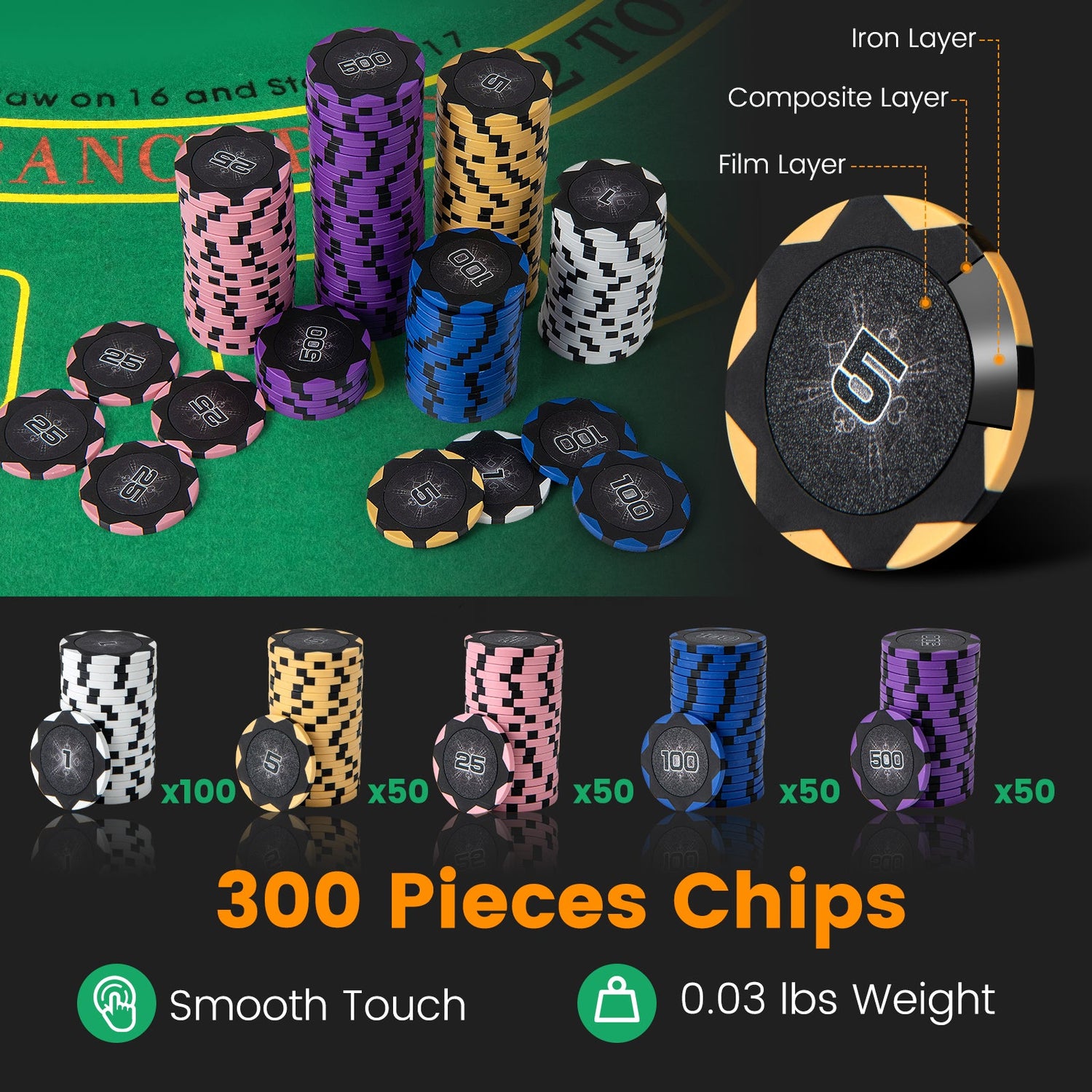 Fichas de póker de 14 gramos, 300 piezas, juego de fichas de póker para casino, color negro